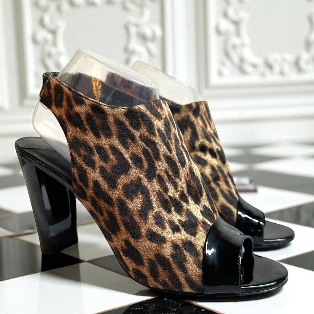 Donald Pliner Mink Leopard & Black Patent Leather Peep Toe Slingback Heels 9.5 M